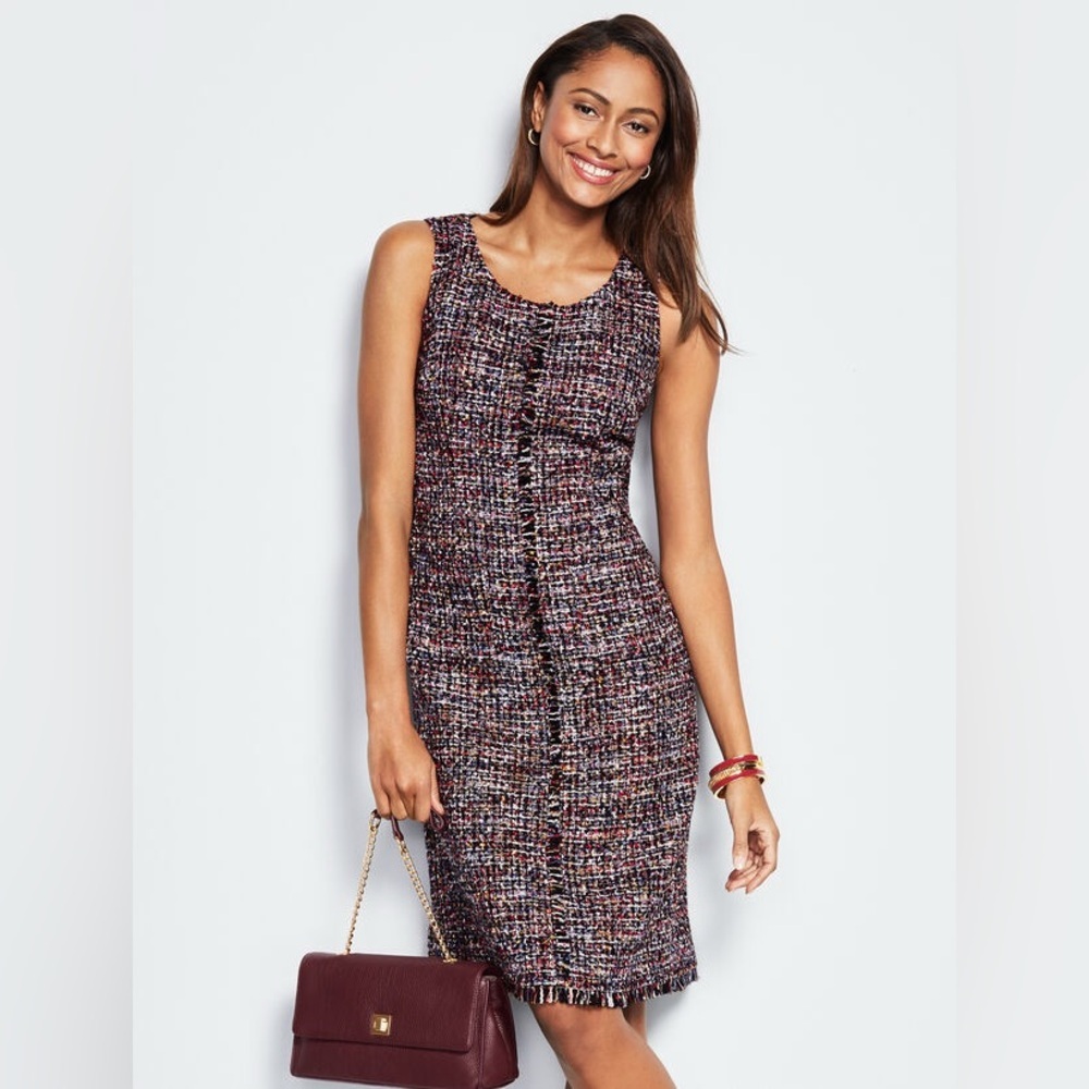 Talbots Fringed Festive Tweed Sheath Dress Sleeveless Multicolor 16P Petite